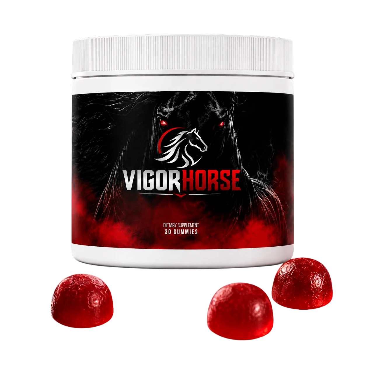 A VigorHorse jar, 30 gummies, front label, with three gummies beside it