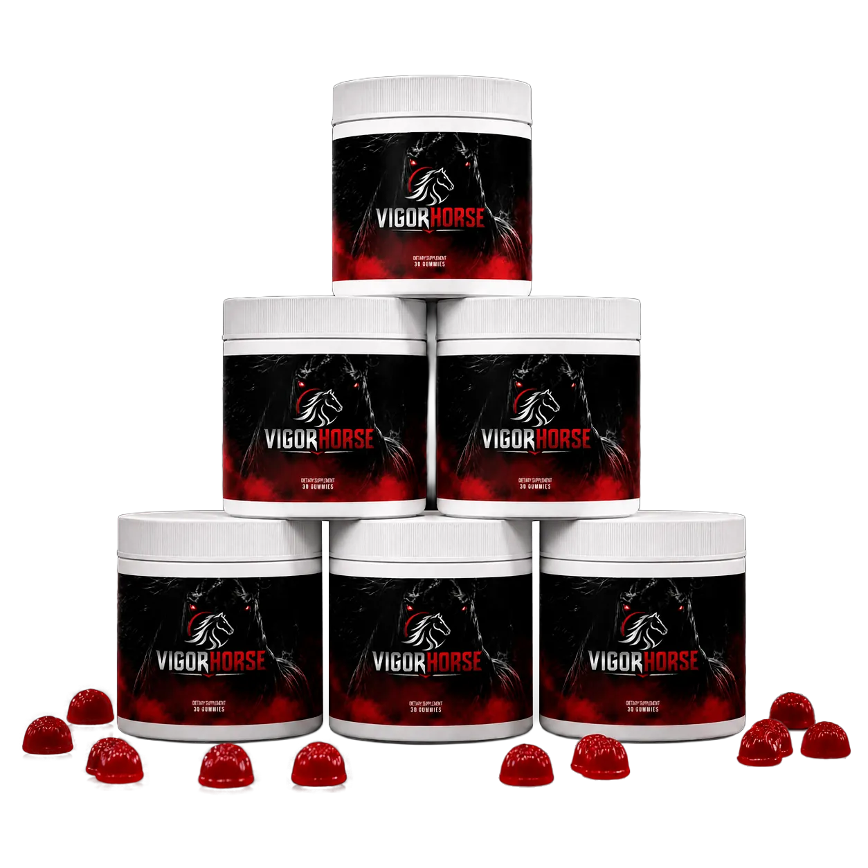 Six VigorHorse jars stacked with loose gummies in front of them