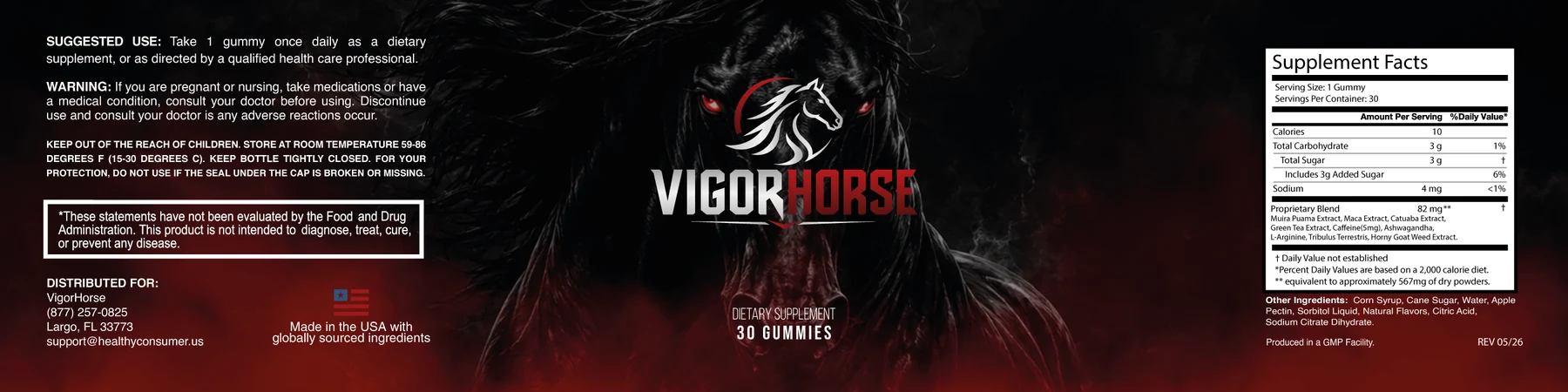 The flat VigorHorse back-label artwork carrying the Supplement Facts panel